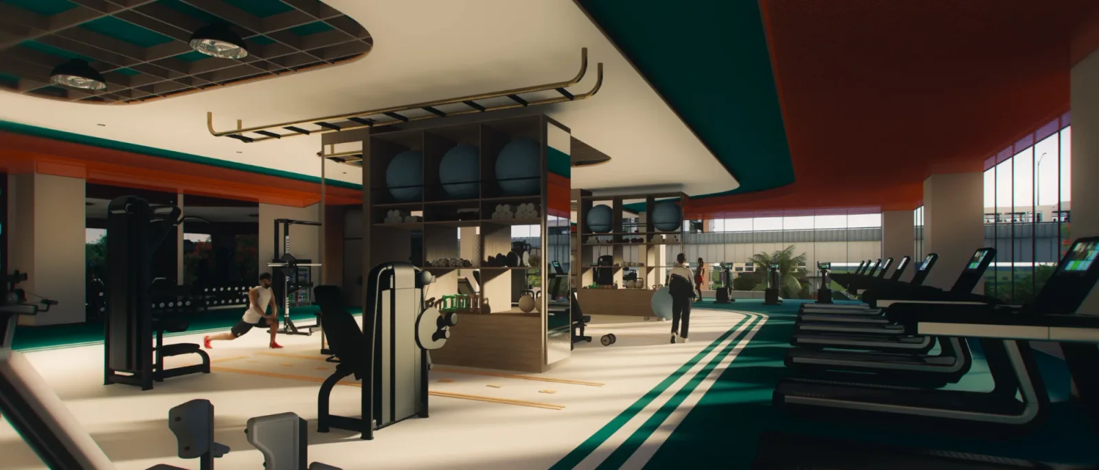 The gymnasium with cardio machines, weights and a stretching area