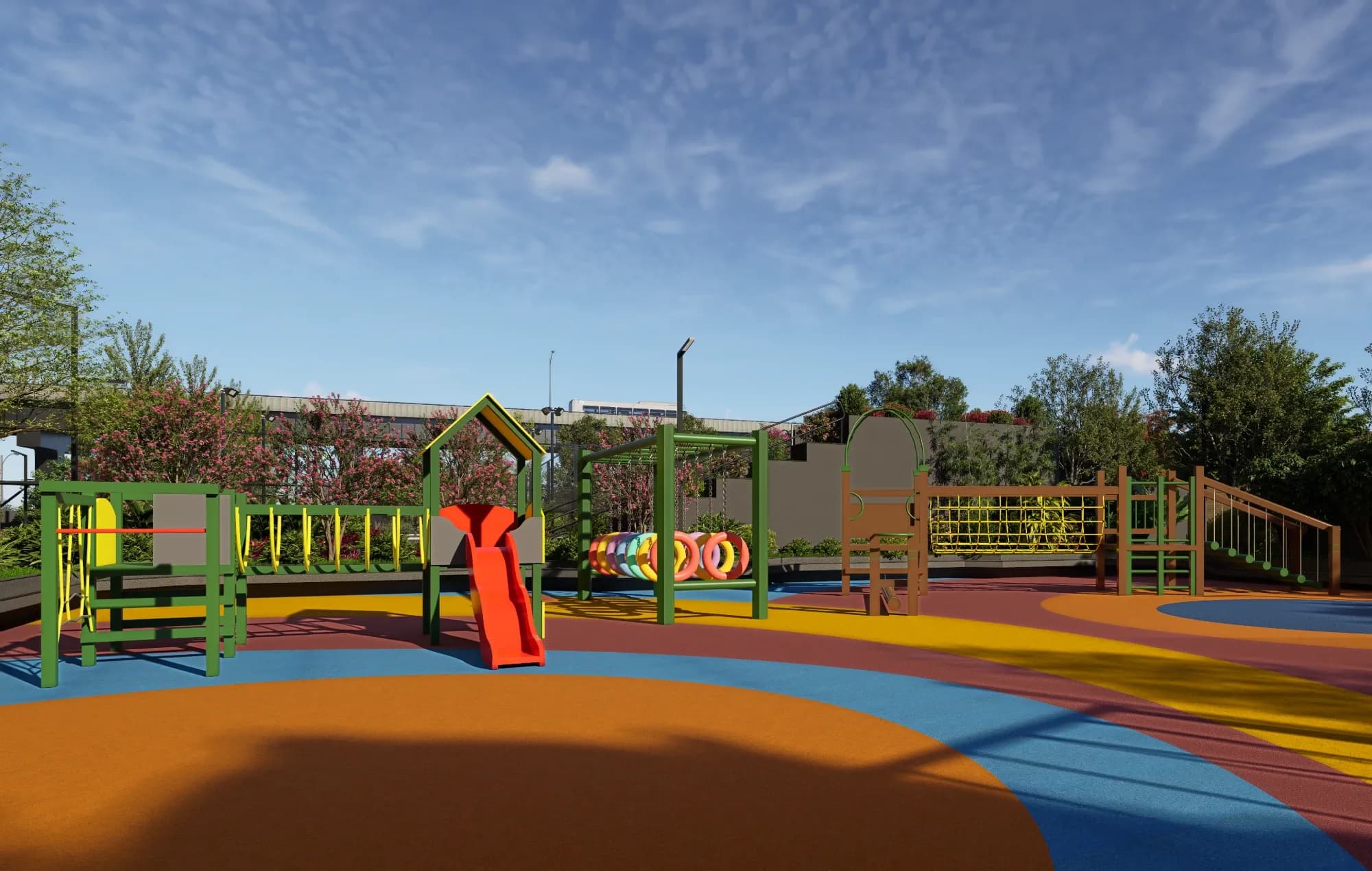 Colourful kids’ play area with a slide, tyre swing and climbing frames
