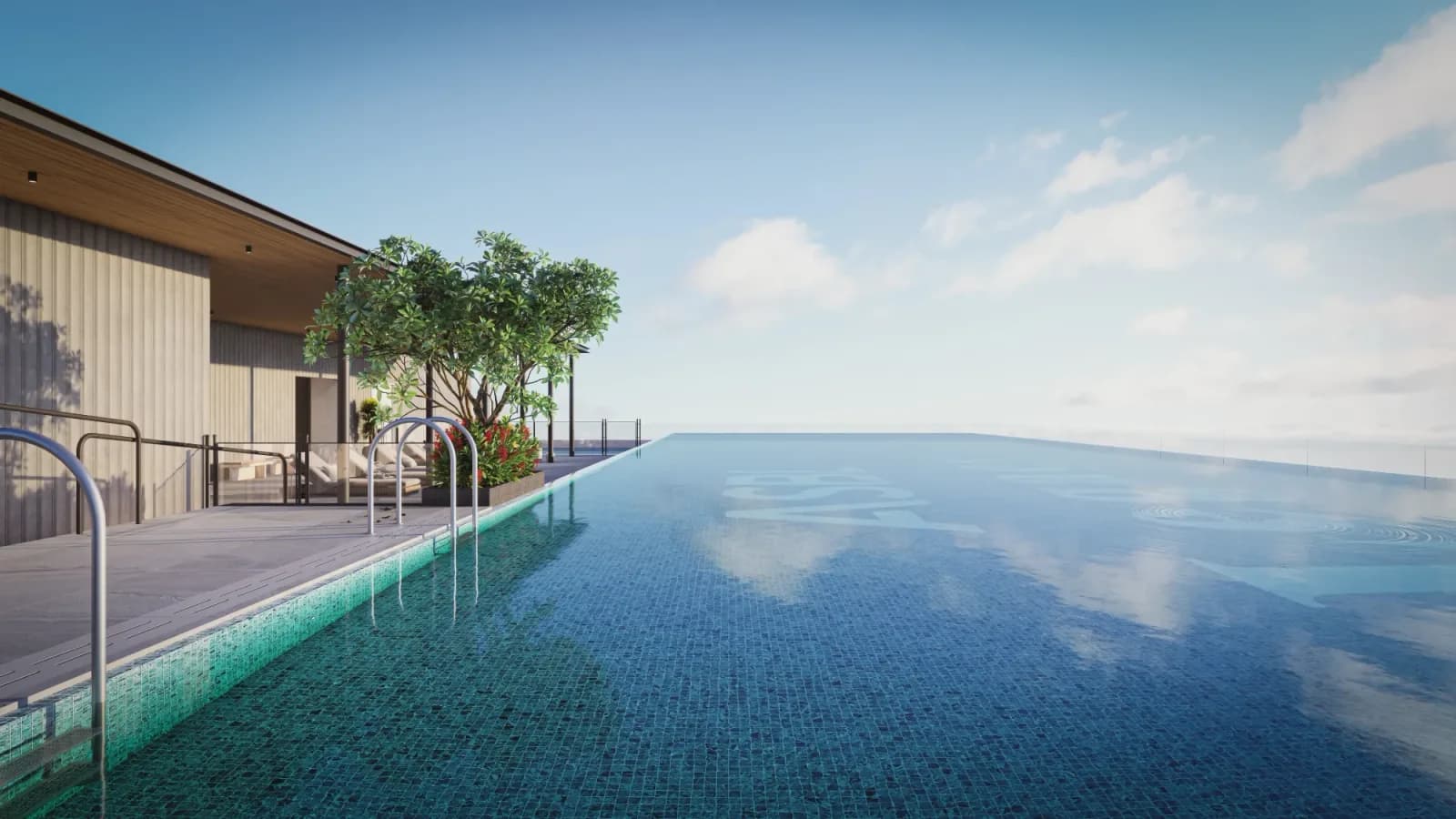 Infinity-edge swimming pool with the sky and the city beyond