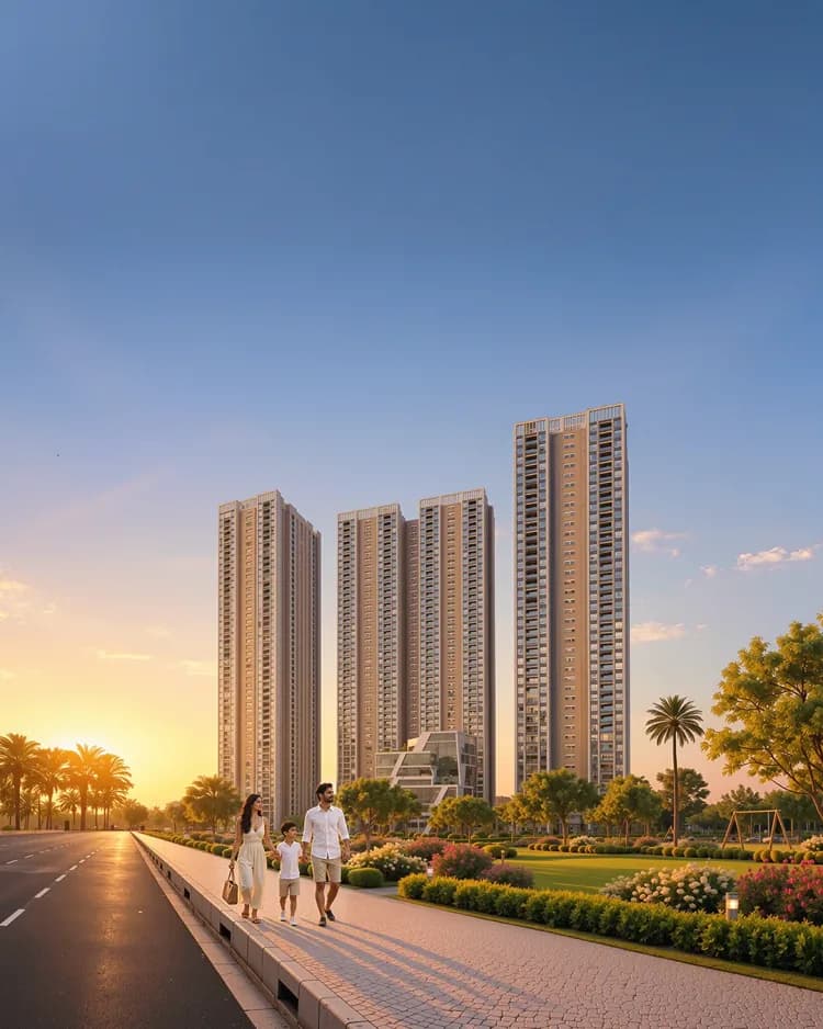 ASBL Legacy towers at sunset, with a family walking along the promenade at RTC X Roads, Hyderabad