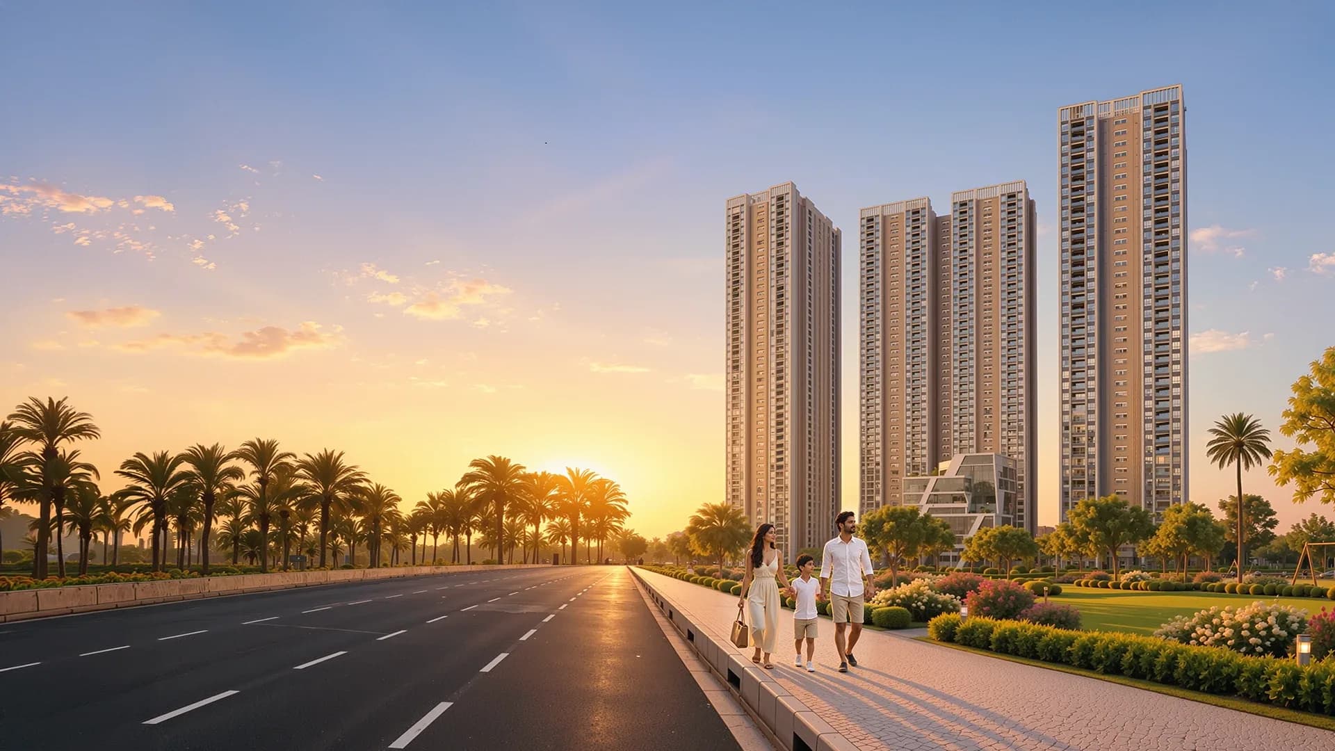 ASBL Legacy towers at sunset, with a family walking along the promenade at RTC X Roads, Hyderabad