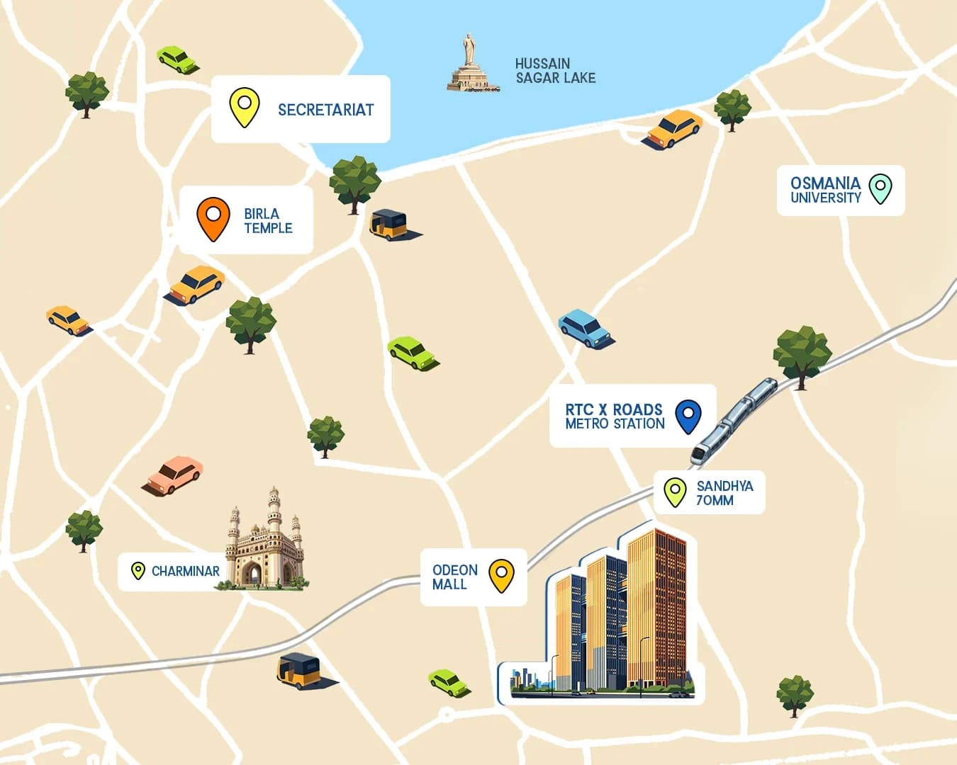 Map of Central Hyderabad showing ASBL Legacy next to the RTC X Roads metro station, with Secretariat, Birla Temple, Hussain Sagar Lake, Osmania University, Sandhya 70MM, Odeon Mall and Charminar nearby